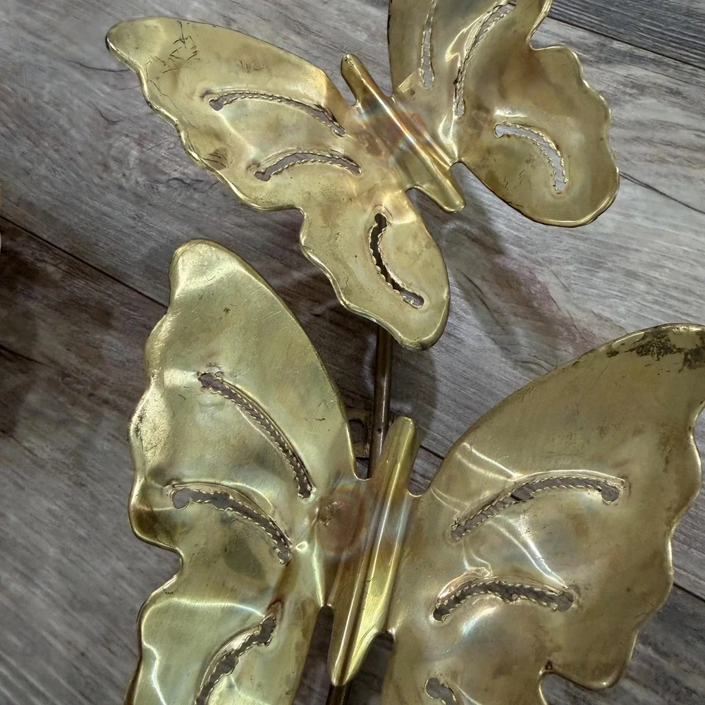 Vintage Brass Butterfly Wall Art‎ Set of 2 Copper Flowers 1970s